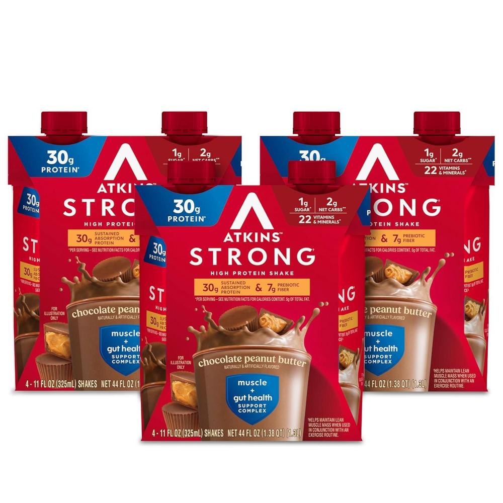 image:imageAtkins Strong High Protein Shake Chocolate Peanut Butter Flavor 30g Protein GLP1 Support Low Carb and Low Sugar Shake Keto Friendly Gluten Free Muscle and Gut Health Support 12 CountChocolate Peanut Butter