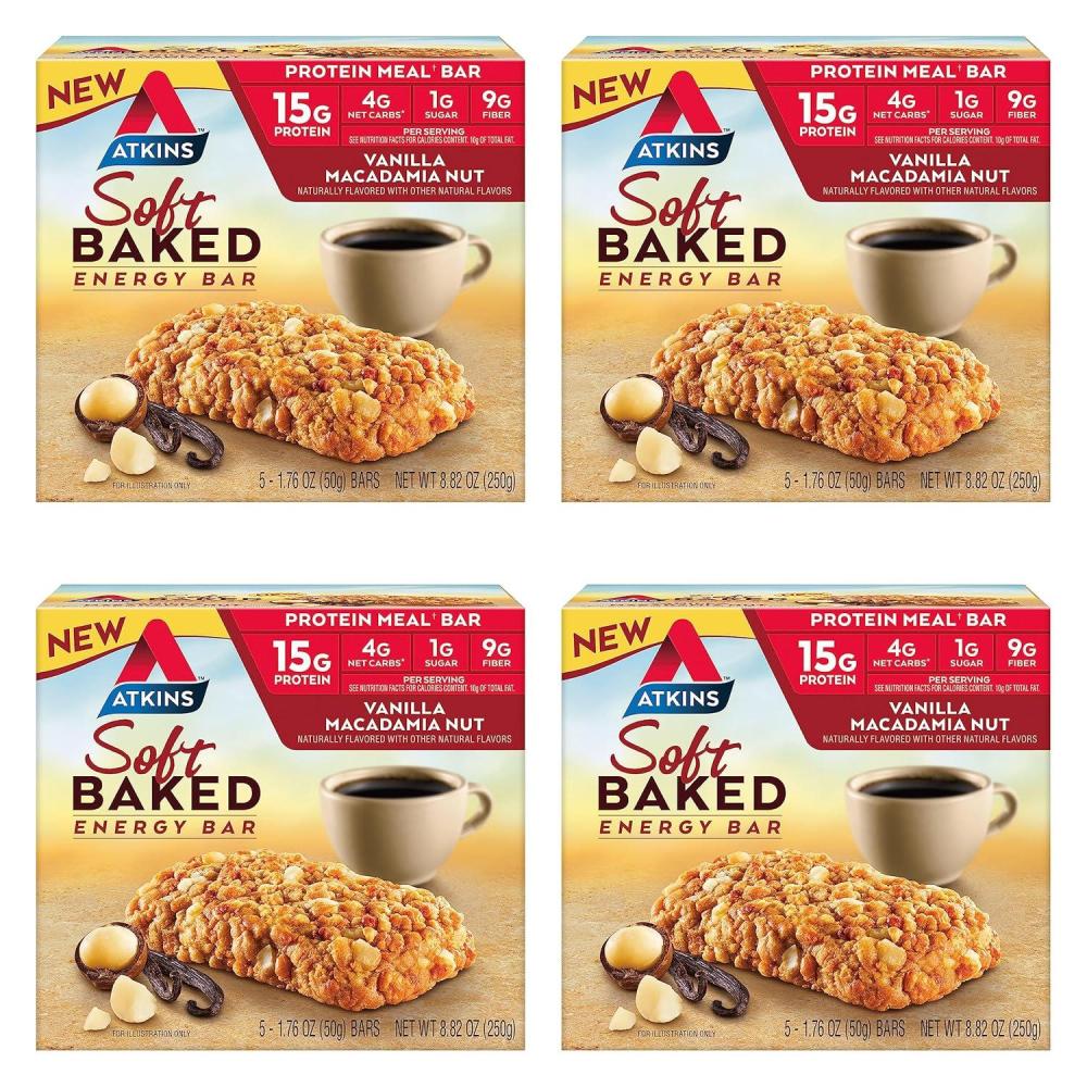 image:imageAtkins Vanilla Macadamia Nut Flavored Soft Baked Energy Bars High in Protein Low Sugar High Fiber Snack Protein Snack 4 Packs 4 Bars EachVanilla Macadamia Nut