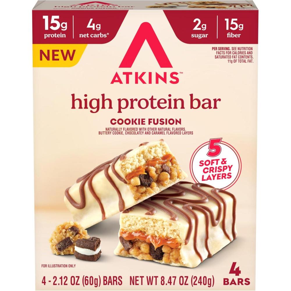 image:imageNew Atkins High Protein Bars Brownie Delight Flavor 15g of Protein 4g Net Carbs 4 Count Pack of 3Cookie Fusion