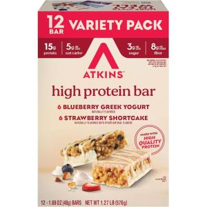 image:imageAtkins Blueberry Greek Yogurt amp Strawberry Shortcake High Protein Bar High Fiber Keto Friendly 12 Count 6 Bars Each FlavorSnack Food Bar