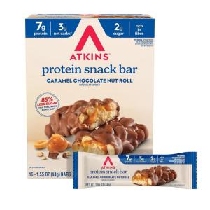 image:imageAtkins Caramel Chocolate Nut Roll Snack Bar Protein Snack  7g Protein 2g Sugar High Fiber Snack 16 CountCaramel Chocolate Nut Roll