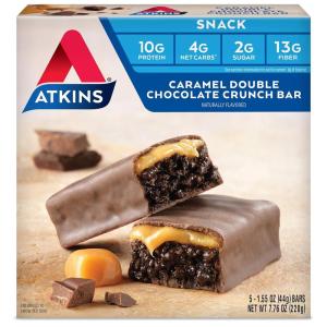 image:imageAtkins Peanutty Overload Snack Bar Protein Snack High in Fiber 2g Sugar 5 CountCaramel Double Chocolate Crunch