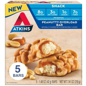 image:imageAtkins Peanutty Overload Snack Bar Protein Snack High in Fiber 2g Sugar 5 CountPeanut