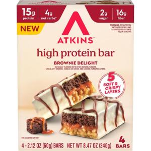 image:imageNew Atkins High Protein Bars Brownie Delight Flavor 15g of Protein 4g Net Carbs 4 Count Pack of 3Brownie Delight